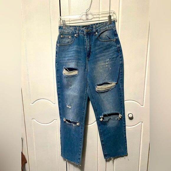 𝅺NWT Nasty Gal Too Blessed To Be Distressed Straight Leg Jeans Size 8 - Picture 1 of 11